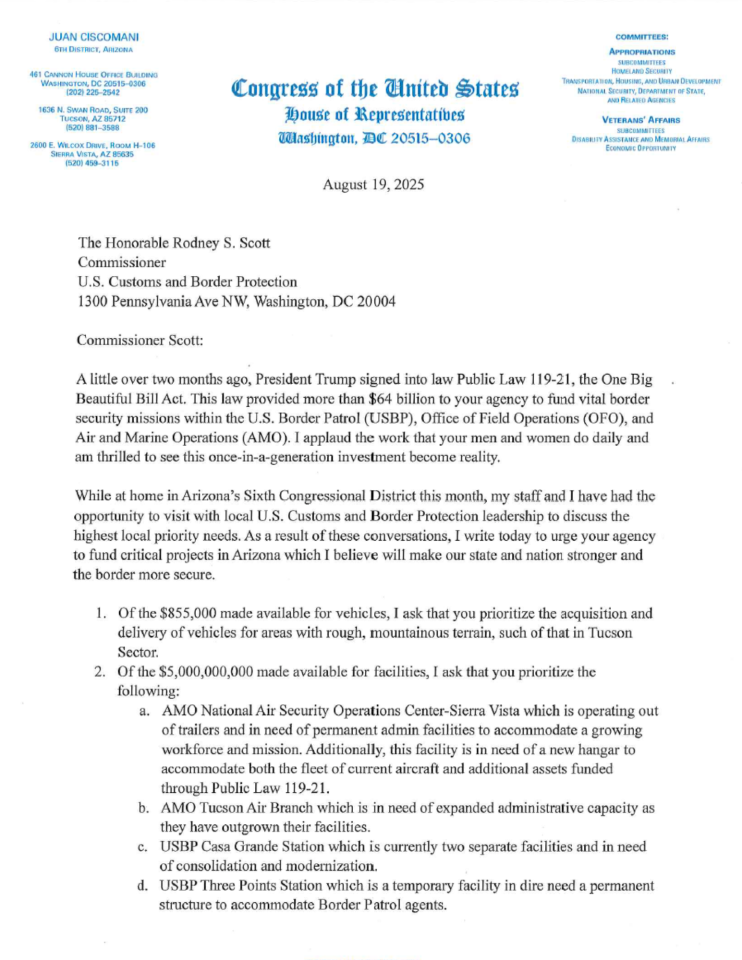8.19.25 8.19.25 Rep. Ciscomani Letter to CBP on OBBBA Funding Support Letter Cropped Page 1