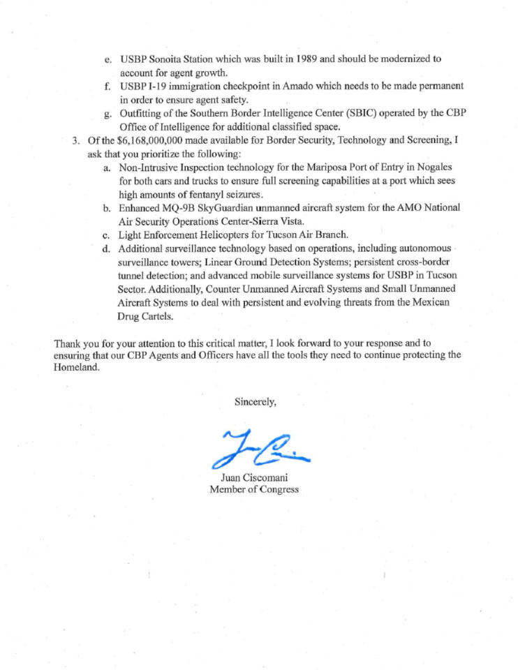 8.19.25 8.19.25 Rep. Ciscomani Letter to CBP on OBBBA Funding Support Letter Cropped Page 2