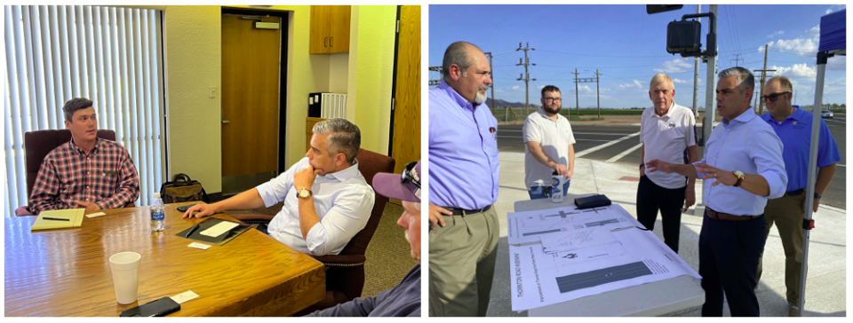 Left: Ciscomani meets with Central Arizona Irrigation & Drainage District in Eloy. Right: Ciscomani visits the Thorton Road site in Casa Grande.